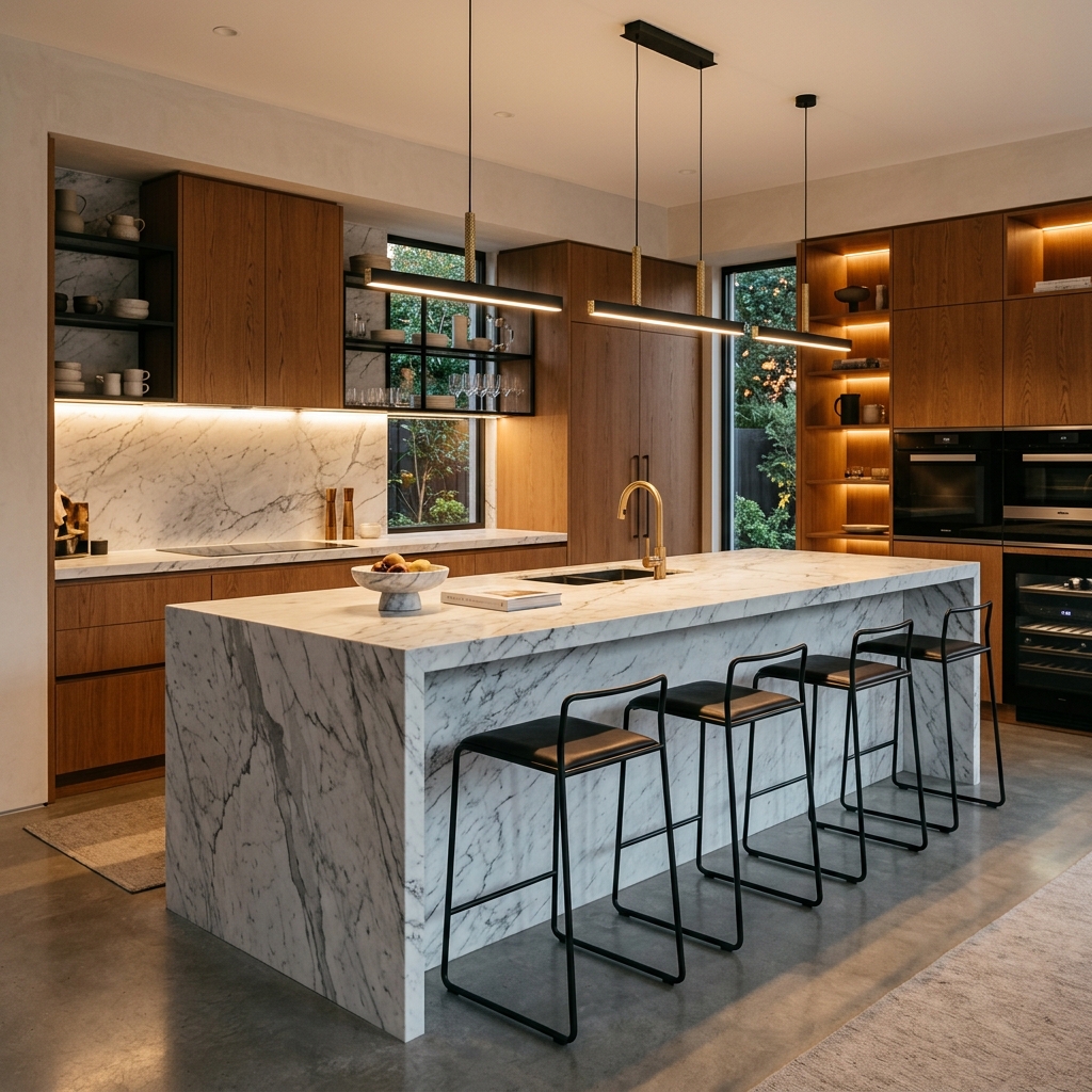 High-End Waterfall Marble Kitchen Sourcing